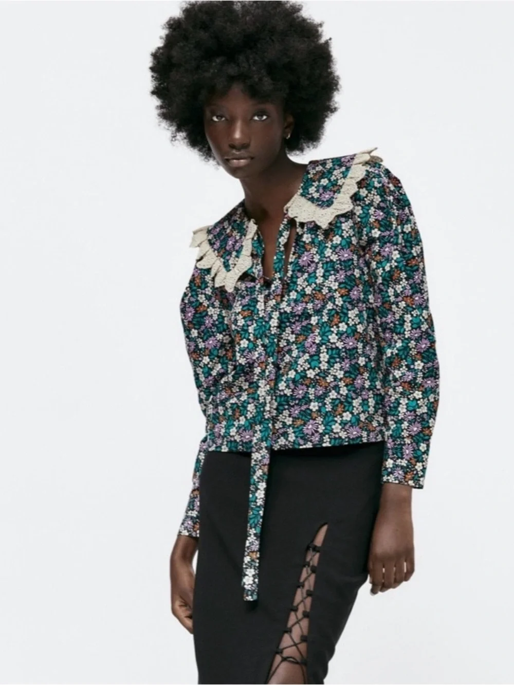 Zara Multicolored Floral Printed Lace Trim Collar Top Size S